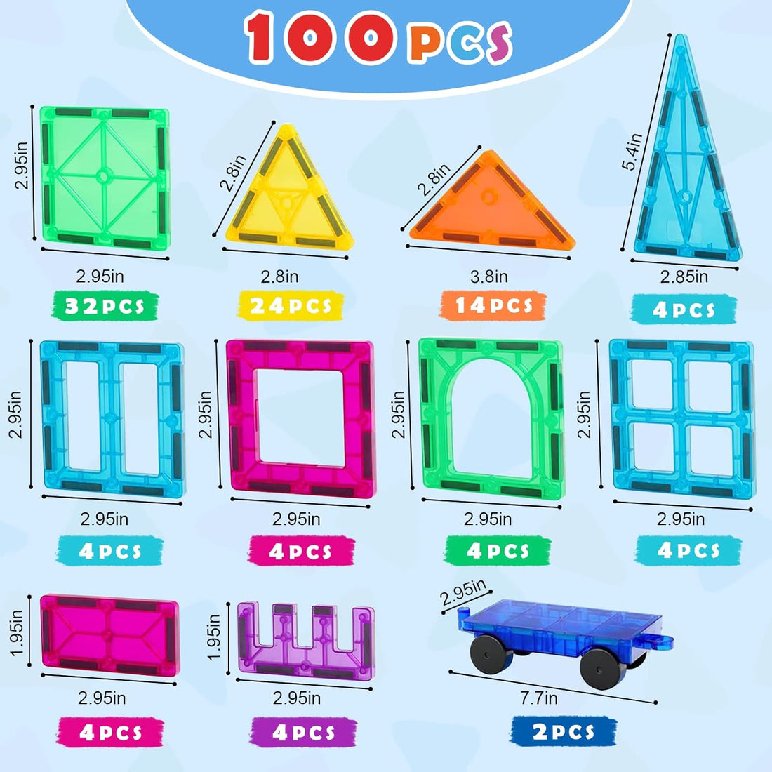 Magnetic Tiles 100 PCS with 2 Cars, Educational Magnet BuildingToys